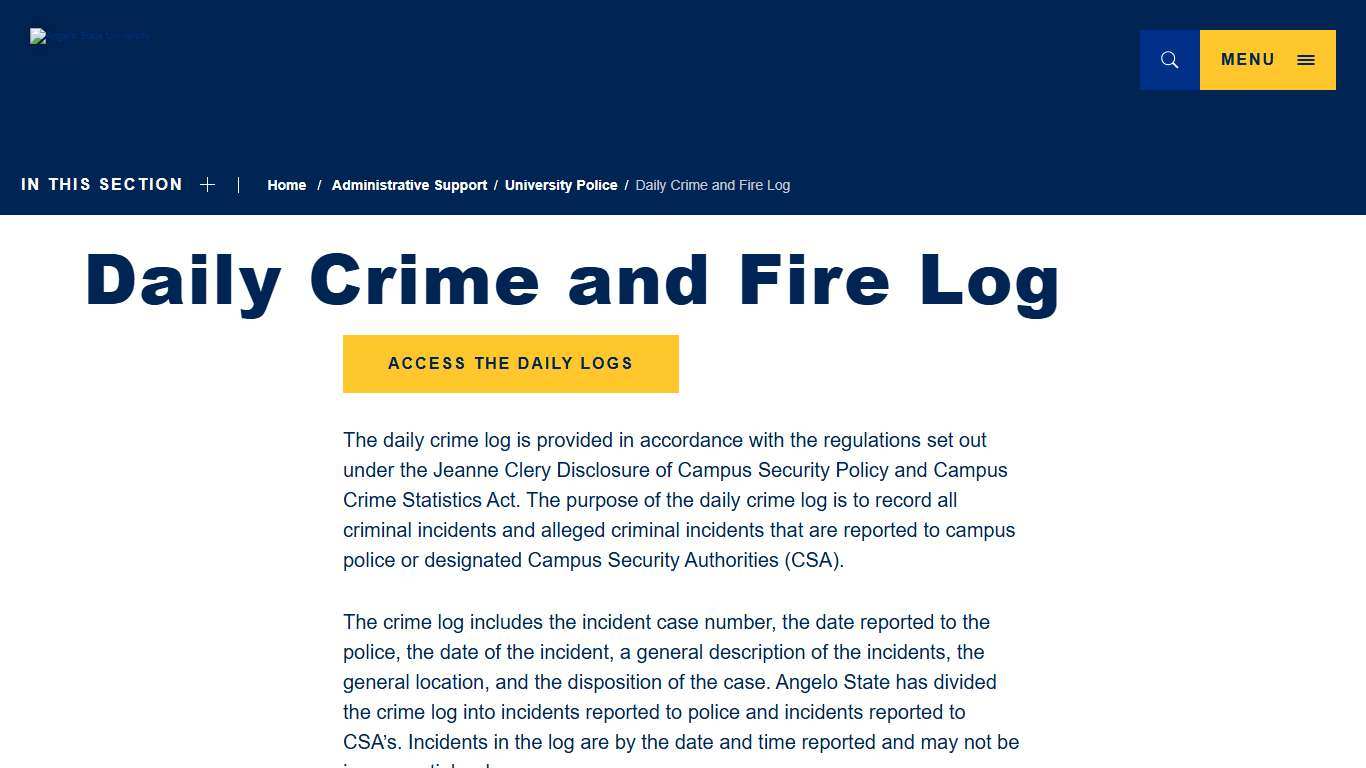 Daily Crime and Fire Log · Angelo State University
