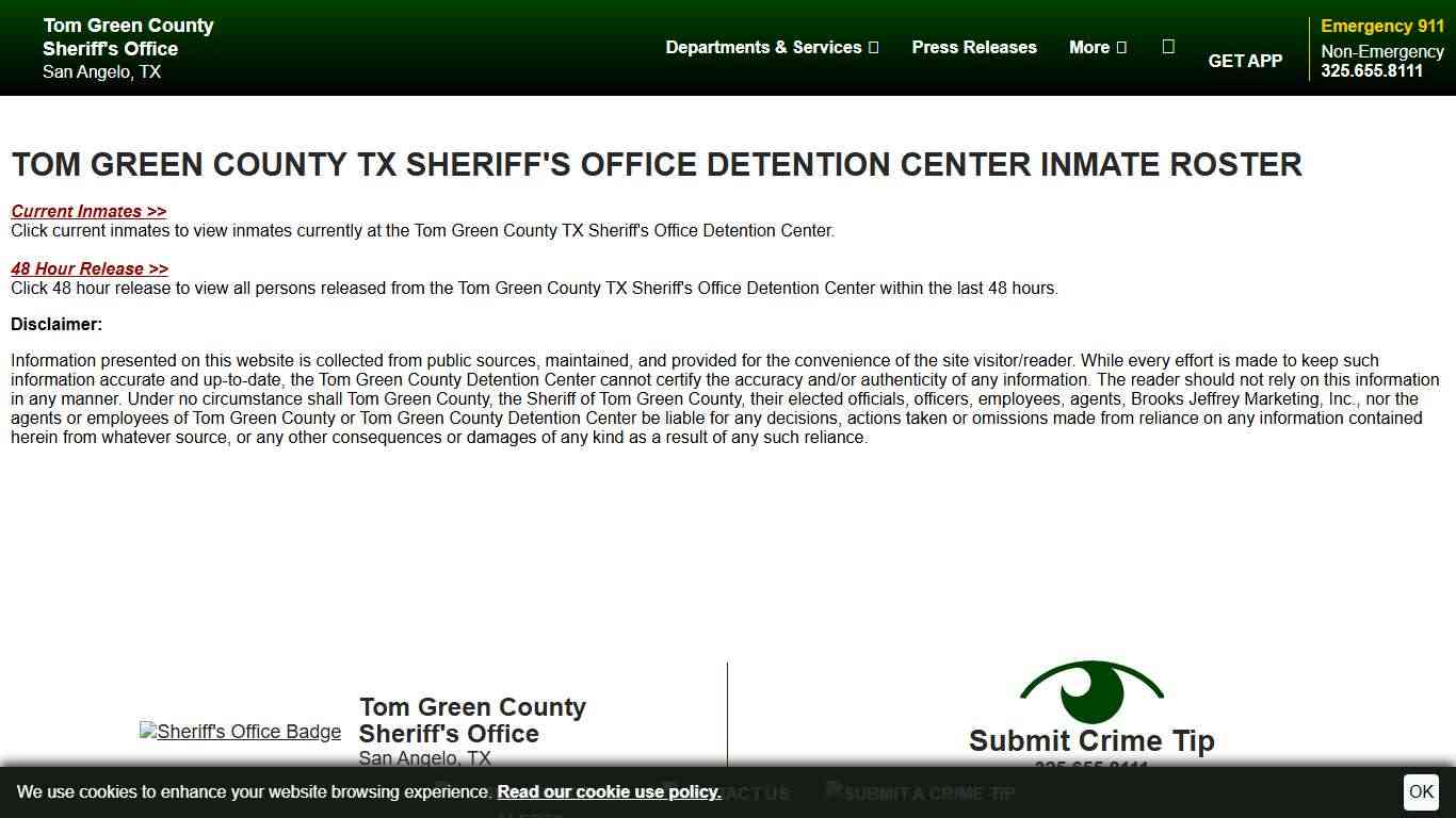 Inmate Roster Disclaimer Tom Green County Sheriff's Office